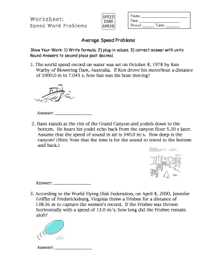 Speed Word Problems Worksheet  Form