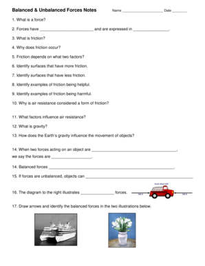 Balanced and Unbalanced Forces Notes Answer Key  Form