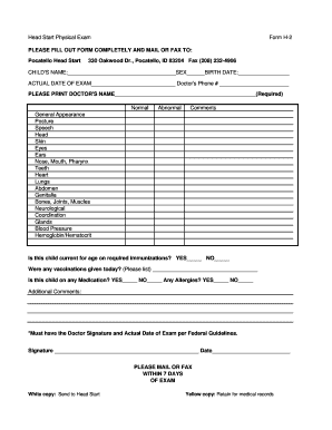 Head Start Physical Exam Form PocatelloChubbuck Head Start