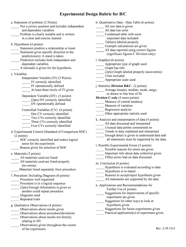 Experimental Design Rubric  Form