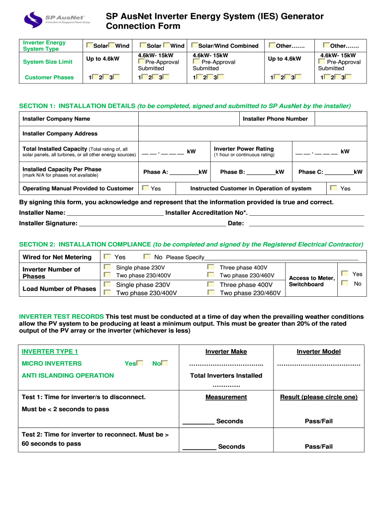 SP AusNet Inverter Energy System IES Generator Connection Form