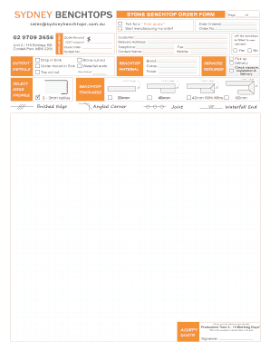 SYDNEY BENCHTOPS STONE BENCHTOP ORDER FORM