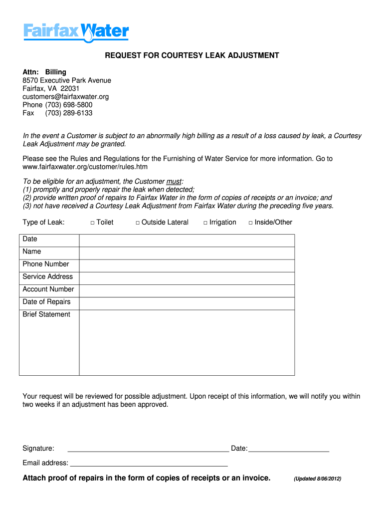  Leak Adjustment Fairfax Water 2012-2024