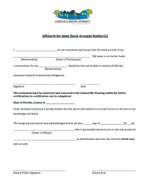Affidavit of Bank Account Ownership  Form