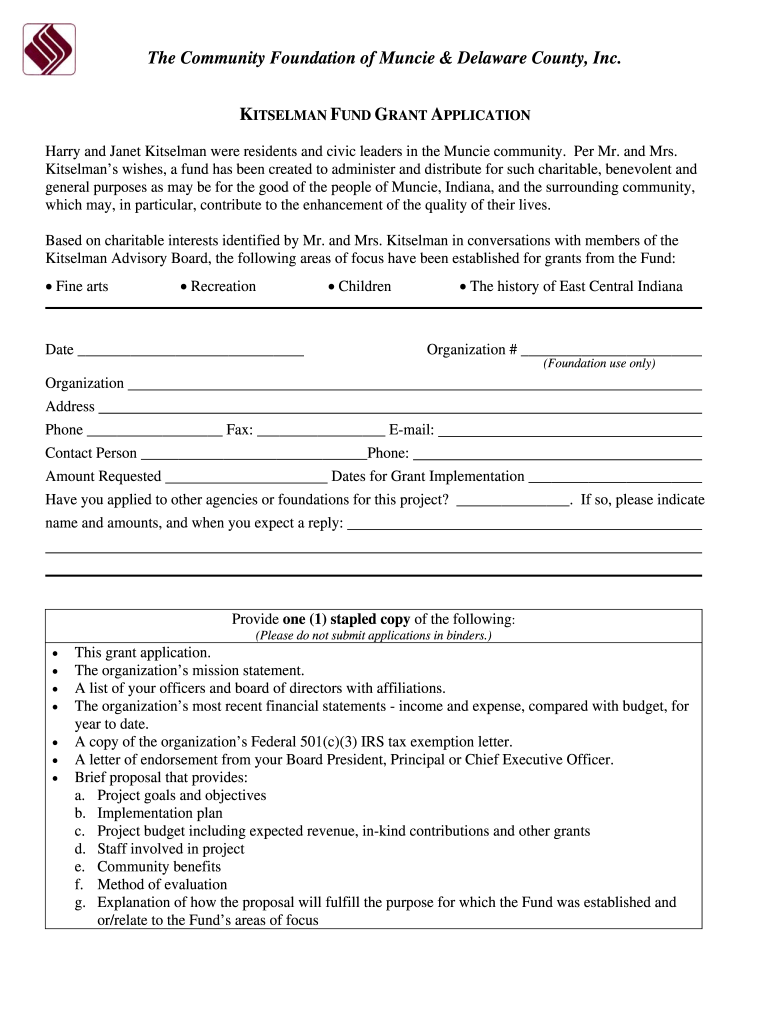 KITSELMAN FUND GRANT APPLICATION Harry and Janet Kitselman Were Residents and Civic Leaders in the Muncie Community  Cfmdin  Form