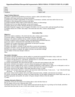 OppositionalDefiantDisrespectfulArgumentative BEHAVIORAL INTERVENTION PLAN BIP  Form