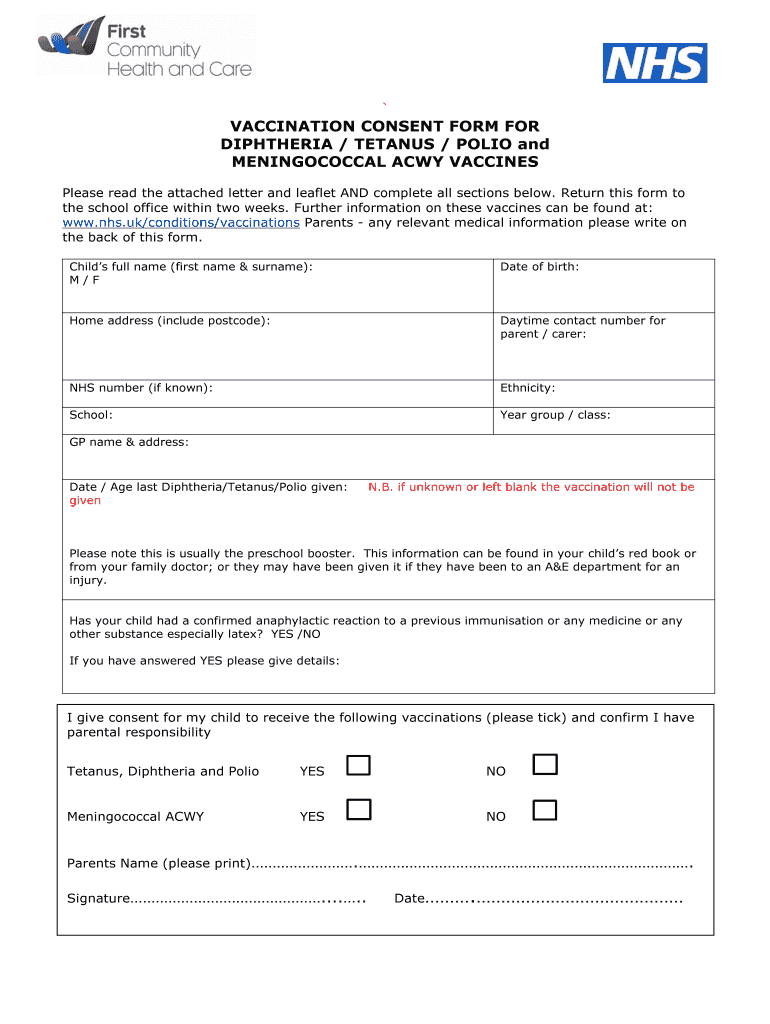 VACCINATION CONSENT FORM for DIPHTHERIA TETANUS Firstcommunityhealthcare Co