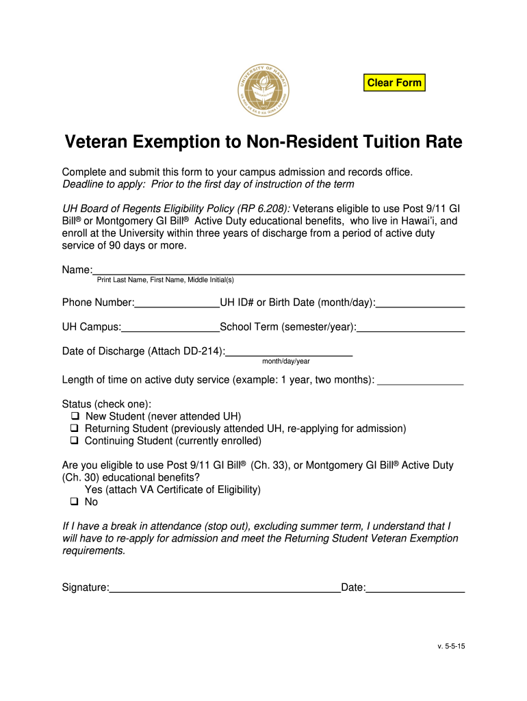  Veteran Exemption to Non Resident Tuition Rate  Leeward Hawaii 2015