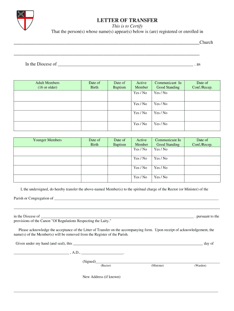 Letter of Transfer of Church Membership Episcopal  Form