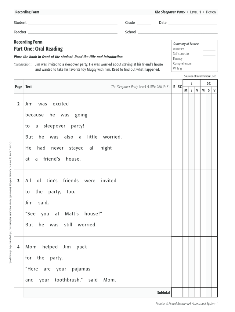 The Sleepover Party Running Record  Form