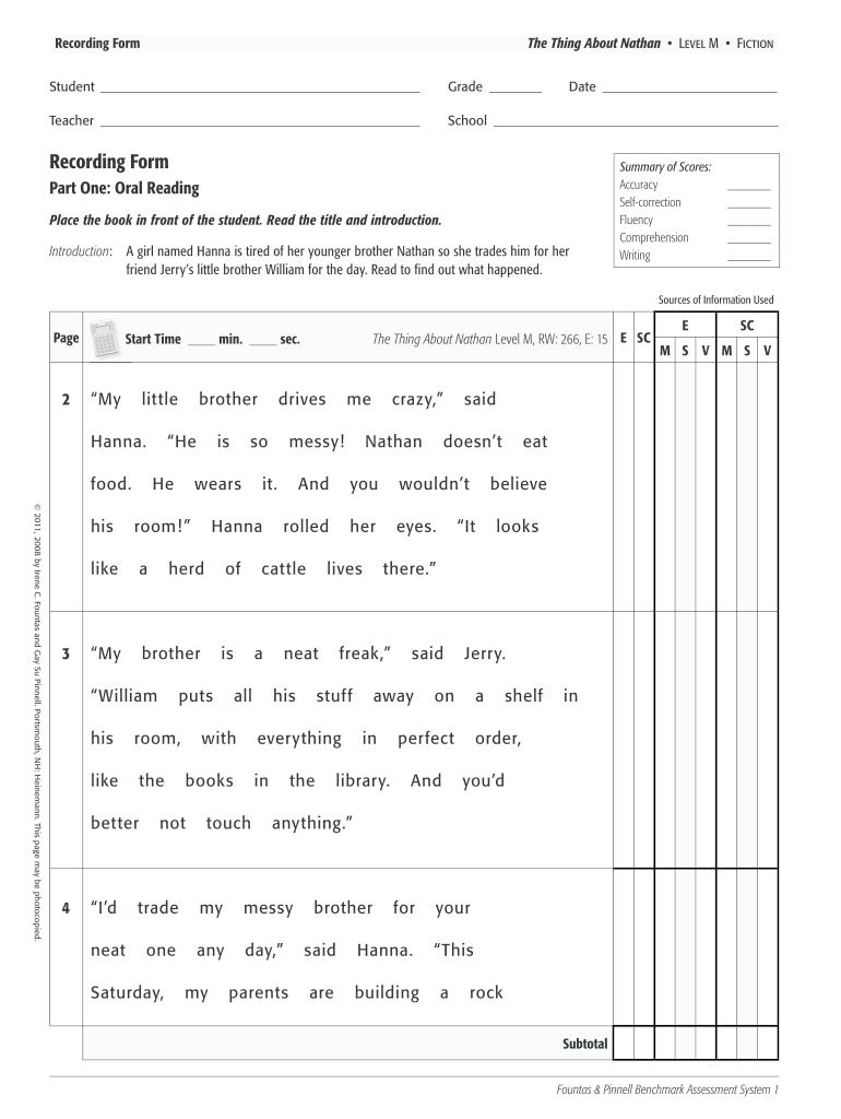 The Thing About Nathan Running Record  Form