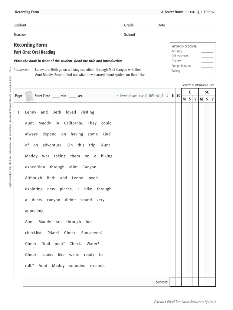 A Secret Home Fountas and Pinnell  Form
