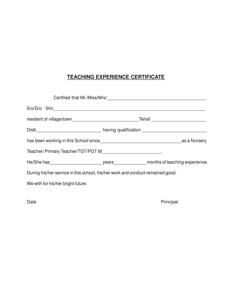 Teaching Experience Certificate PDF  Form