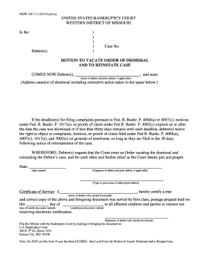  Motion to Vacate Order of Dismissal and to Reinstate Case 2014