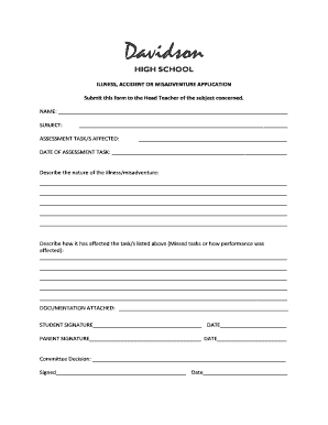 ILLNESS, ACCIDENT or MISADVENTURE APPLICATION Davidson H Schools Nsw Edu  Form