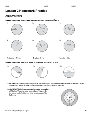 Lesson 2 Extra Practice Area of Circles Answer Key  Form