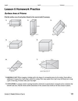 Lesson 6 Homework Practice Surface Area of Prisms  Form