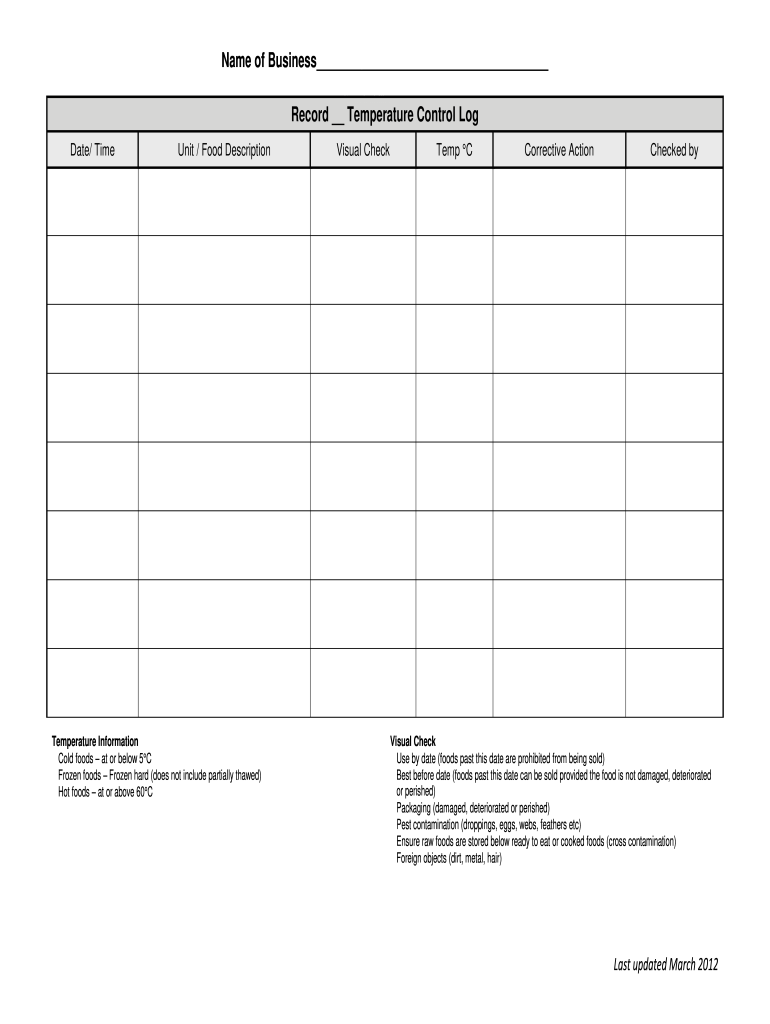 Temperature Record Sheet  Form