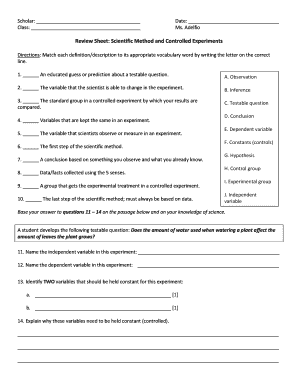 Scientific Method Review Worksheet  Form