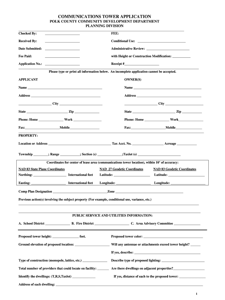 COMMUNICATIONS TOWER APPLICATION POLK COUNTY COMMUNITY  Form