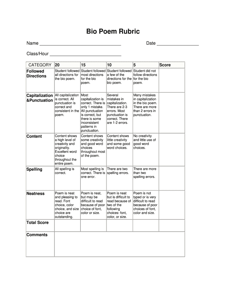 Bio Poem Rubric  Form