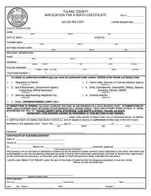 TULARE COUNTY APPLICATION for a BIRTH CERTIFICATE Tularehhsa  Form