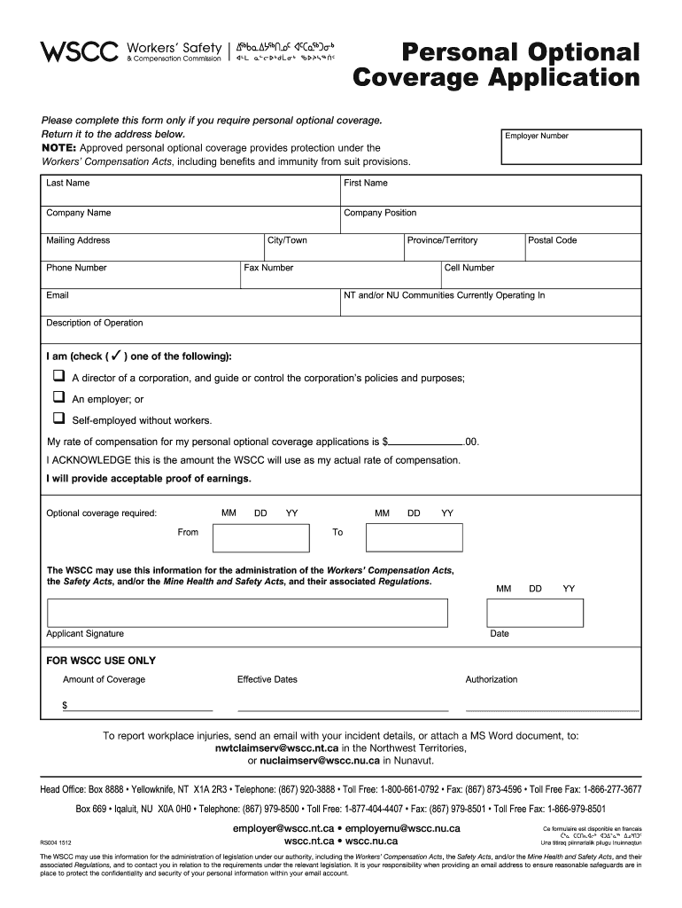  Personal Optional Coverage Application 2015