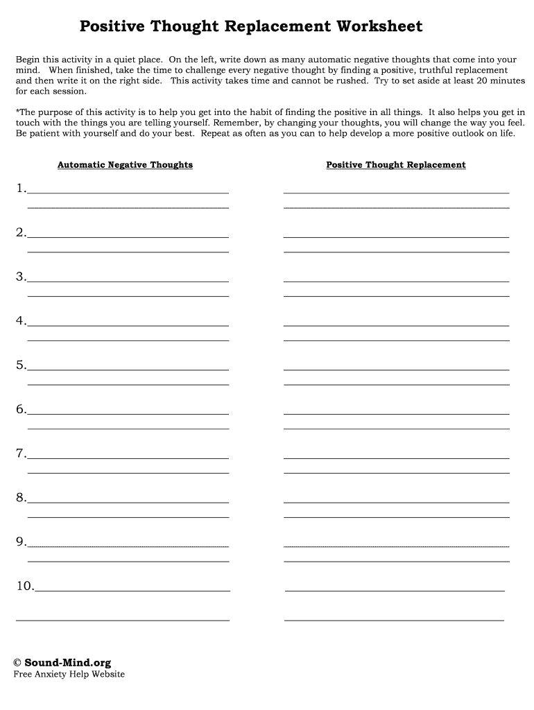 Positive Thought Replacement Worksheet  Form