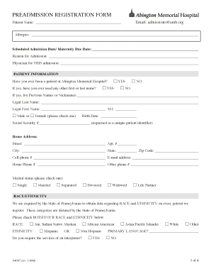 PREADMISSION REGISTRATION FORM Abington Memorial Hospital