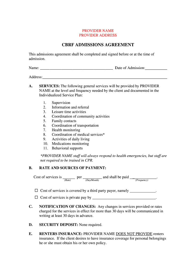 CBRF ADMISSIONS AGREEMENT RSAWisconsinorg Rsawisconsin  Form