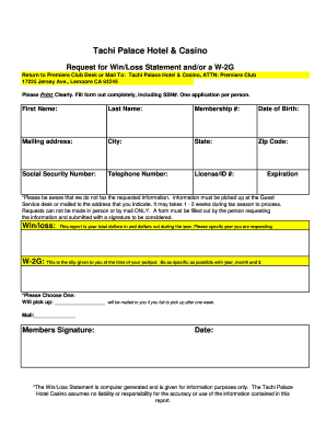 Tachi Palace Win Loss Statement  Form