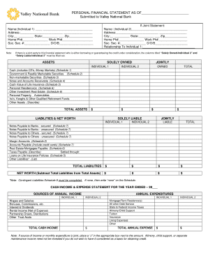 Personal Financial Statement Valley National Bank  Form