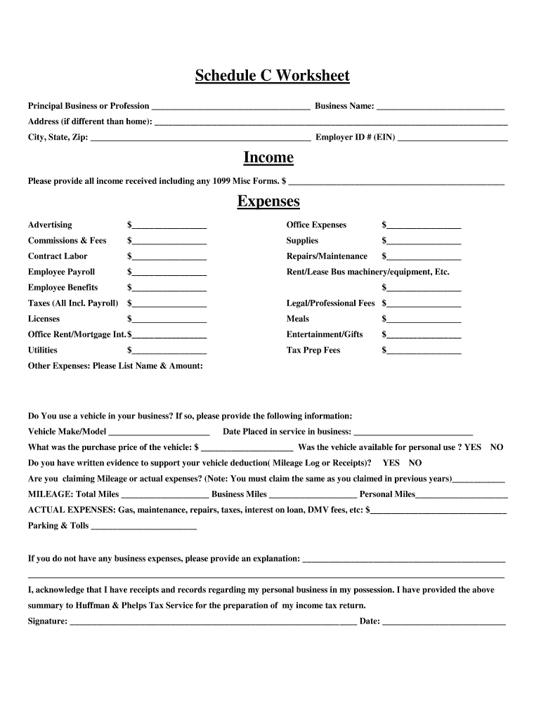 Schedule C Worksheet  Form
