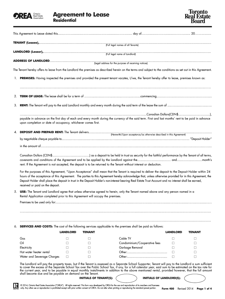 Agreement to Lease Toronto Real Estate Board Residential This Agreement to Lease Dated This  Form