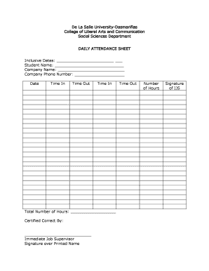 De La Salle UniversityDasmarias College of Liberal Arts and Communication Social Sciences Department DAILY ATTENDANCE SHEET Incl  Form