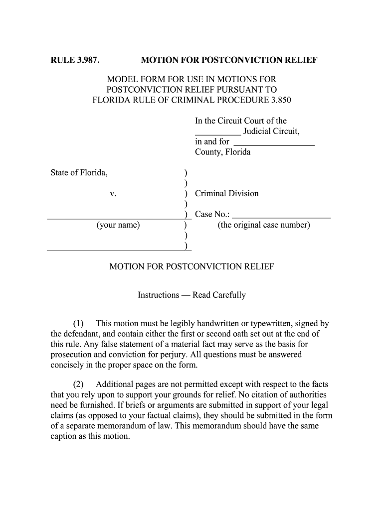 Sample Motion for Post Conviction Relief Florida  Form
