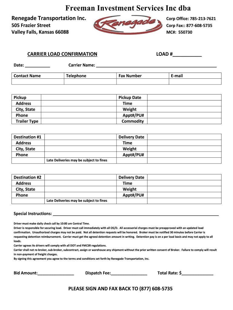CARRIER LOAD CONFIRMATION LOAD Renegade  Form