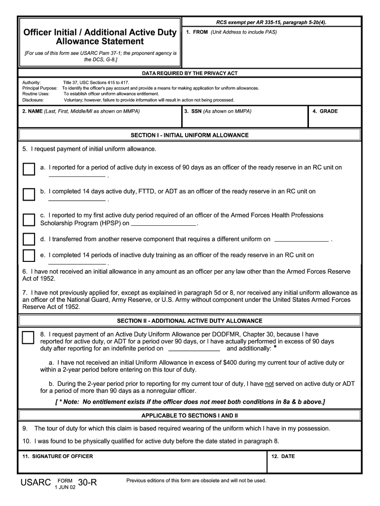 Get and Sign Usarc 30 R Form 2002-2022