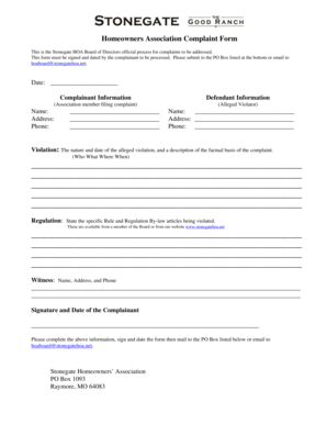 Homeowners Association Complaint Form Stonegate