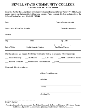 Bevill State Community College Transcript Request  Form