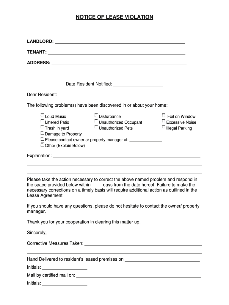 Notice Lease Violation Tenant  Form