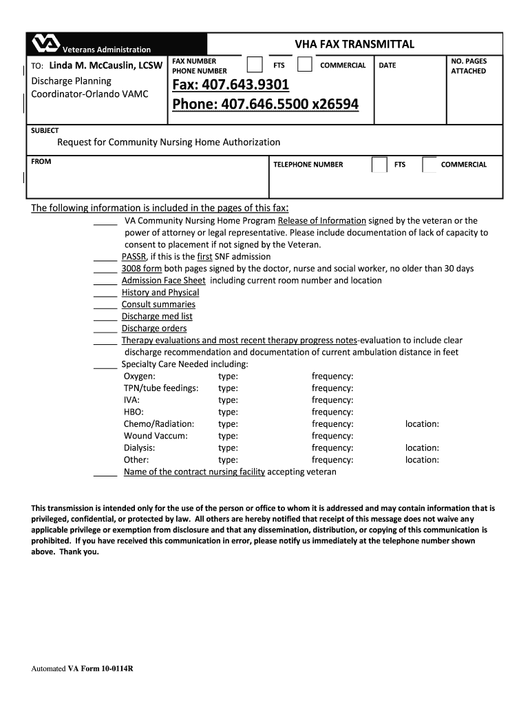 Va Form 10 0114r Fax