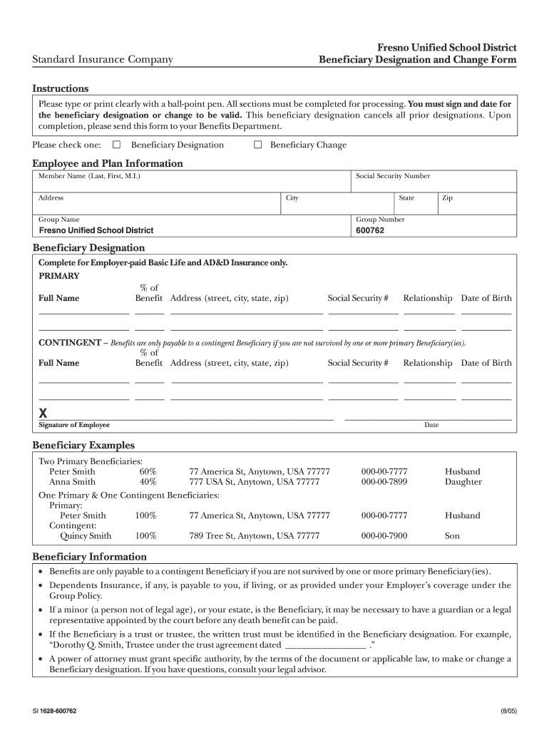 Get and Sign Beneficiary Designation and Change Form  Fresno USD 1628 2005-2022