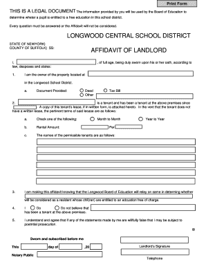 Affidavit of Landlord Longwood Central School District  Form