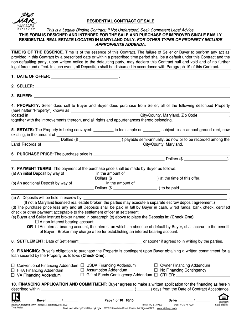 Maryland Residential Contract of Sale  Form