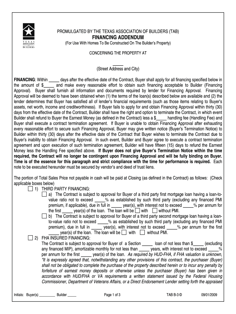 TAB B 3 Financing Addendum Builder Lot Incomplete Construction  Form