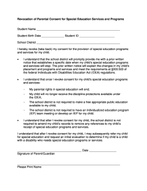 Parent Request for Revocation of Consent for Special Education Services and Programsdoc  Form