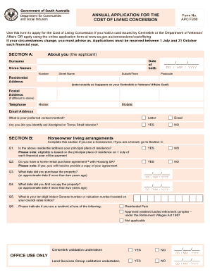 ANNUAL APPLICATION for the COST of LIVING CONCESSION APC F200  Form