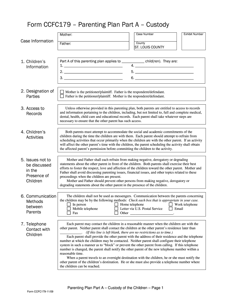  Form CCFC179 Parenting Plan Part a Custody 2009