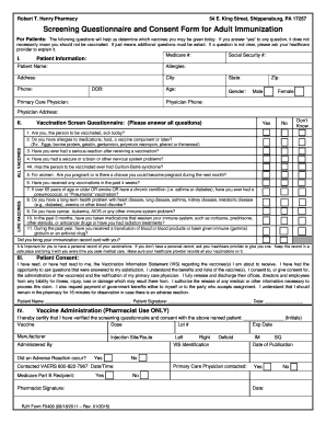 Screening Questionnaire and BConsent Formb for Adult Immunization